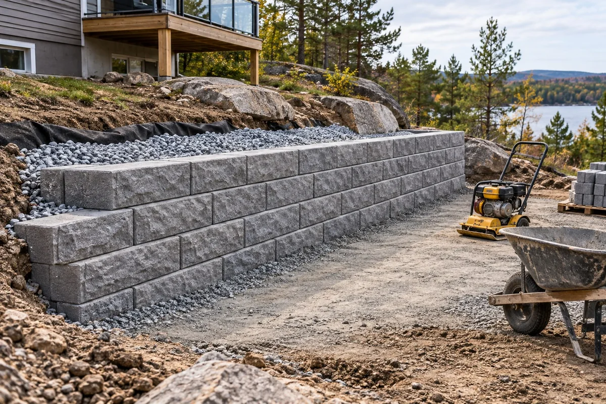 Armour Stone Retaining Walls active worksite overview in Greater Sudbury, Ontario