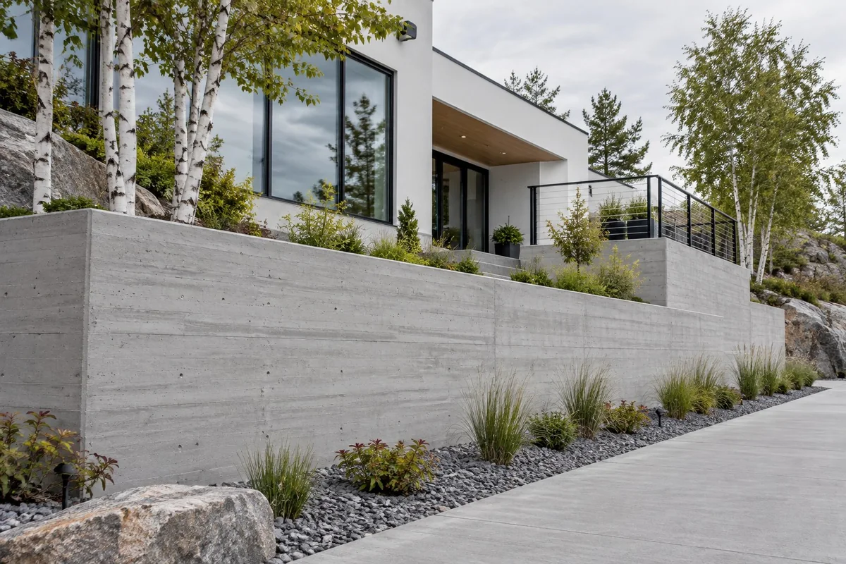 Concrete Block Retaining Walls active worksite overview in Greater Sudbury, Ontario
