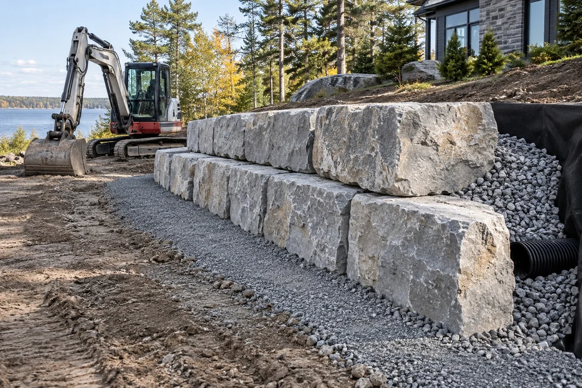 Driveway Retaining Walls active worksite overview in Greater Sudbury, Ontario